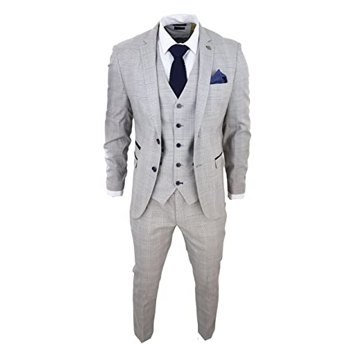 TruClothing.com Herrenanzug 3-teiliger Hellgrauer Marineblau kariert Samtbesätze Hochzeit Klassisch - grau 48 von TruClothing.com