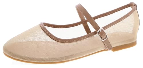 TruFox Damen Mesh Ballerinas Schnalle Riemen Bequeme Ballerina Schuhe Flats, Natürliches Netzgewebe, 40.5 EU von TruFox