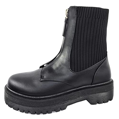 TruFox Damen-Stiefeletten mit Reißverschluss vorne, Plateau-Stiefel, Chelsea-Stiefel, Stollensohle, Schwarz, 37 EU von TruFox