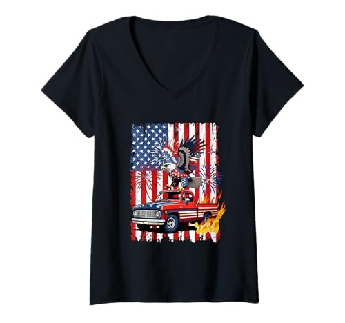 Damen Eagle On Pickup Truck 4th Of July US Flag Patriotic Driver T-Shirt mit V-Ausschnitt von Truck 4th Of July Costume