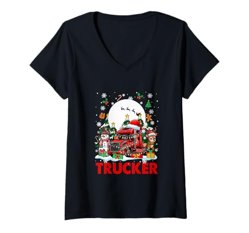 Damen Trucker Job Tools Weihnachtsmann Schneemänner Rentier Weihnachtsbäume T-Shirt mit V-Ausschnitt Damen Trucker Job Tools Weihnachtsmann Schneemänner Rentier Weihnachtsbäume T-Shirt mit V-Ausschnitt von Trucker Christmas Costume