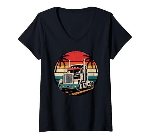 Damen Retro Vintage Sonnenuntergang Semi Truck Driver Design Trucking Geschenk T-Shirt mit V-Ausschnitt Damen Retro Vintage Sonnenuntergang Semi Truck Driver Design Trucking Geschenk T-Shirt mit V-Ausschnitt von Trucker Graphic Design for Truck Lover Men Women