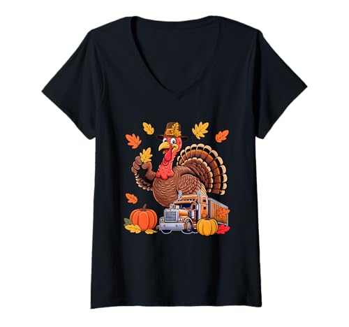 Damen Trucker Job Thanksgiving Truthahn Herbst Blätter Kürbisse T-Shirt mit V-Ausschnitt Damen Trucker Job Thanksgiving Truthahn Herbst Blätter Kürbisse T-Shirt mit V-Ausschnitt von Trucker Thanksgiving Costume