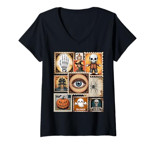 Damen Halloween Stempel Collage Vintage Skelett Kürbis Hexe T-Shirt mit V-Ausschnitt Damen Halloween Stempel Collage Vintage Skelett Kürbis Hexe T-Shirt mit V-Ausschnitt von TruckerJunk Designs