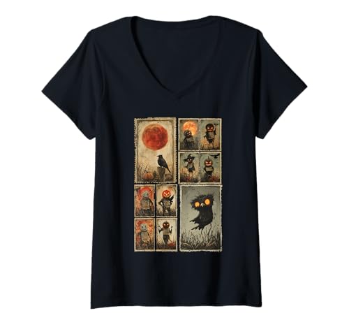 Damen Vintage Halloween Stempel Collage Gruseliger Kürbis, Eule & Gruselig T-Shirt mit V-Ausschnitt Damen Vintage Halloween Stempel Collage Gruseliger Kürbis, Eule & Gruselig T-Shirt mit V-Ausschnitt von TruckerJunk Designs