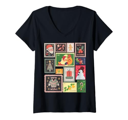 Damen Vintage-Weihnachtsstempelcollage, Retro-Weihnachtsmann, Schneemann T-Shirt mit V-Ausschnitt Damen Vintage-Weihnachtsstempelcollage, Retro-Weihnachtsmann, Schneemann T-Shirt mit V-Ausschnitt von TruckerJunk Designs