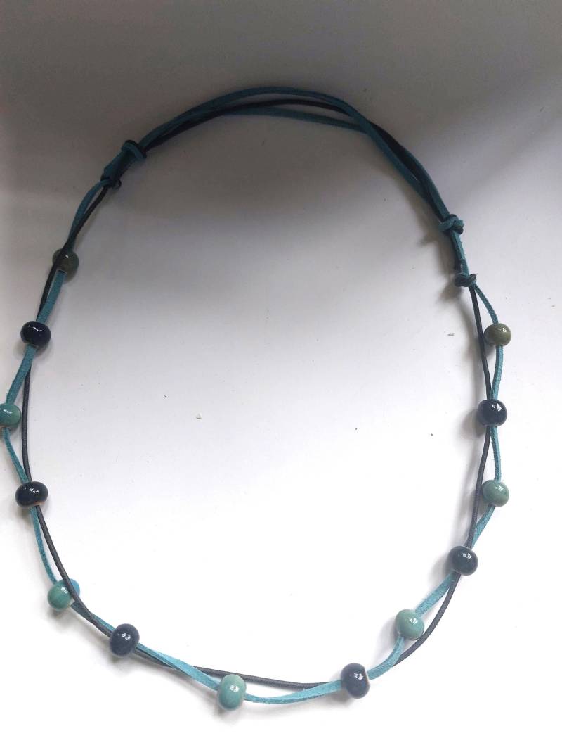 Halskette Blau Zweireihig Mit Keramik Perlen Schmuck Unikat von TrudesART