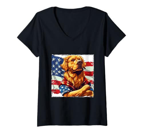 Damen American Golden Retriever Hund Maskottchen USA Flagge T-Shirt mit V-Ausschnitt Damen American Golden Retriever Hund Maskottchen USA Flagge T-Shirt mit V-Ausschnitt von True American Mood USA Inc