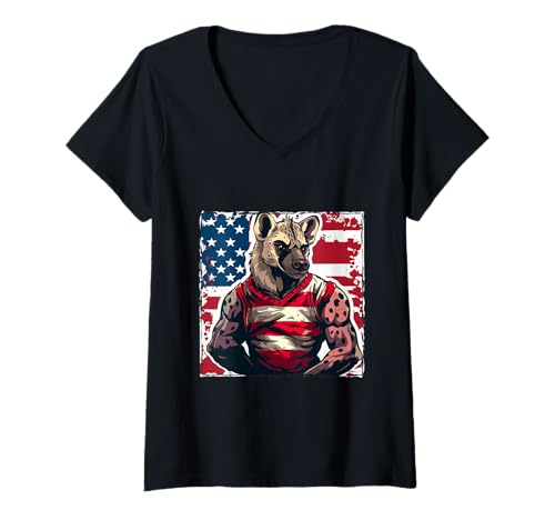 Damen American Hyena Maskottchen USA Flagge T-Shirt mit V-Ausschnitt Damen American Hyena Maskottchen USA Flagge T-Shirt mit V-Ausschnitt von True American Mood USA Inc
