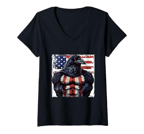 Damen Amerikanische Krähe Maskottchen USA Flagge T-Shirt mit V-Ausschnitt Damen Amerikanische Krähe Maskottchen USA Flagge T-Shirt mit V-Ausschnitt von True American Mood USA Inc