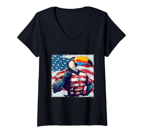 Damen Amerikanische Tukan-Maskottchen USA-Flagge T-Shirt mit V-Ausschnitt Damen Amerikanische Tukan-Maskottchen USA-Flagge T-Shirt mit V-Ausschnitt von True American Mood USA Inc