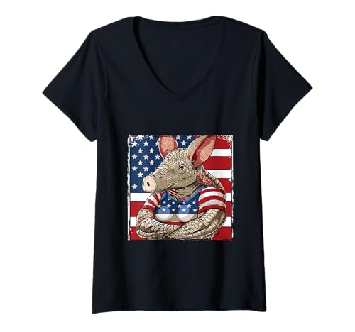 Damen Amerikanisches Armadillo Maskottchen USA Flagge T-Shirt mit V-Ausschnitt Damen Amerikanisches Armadillo Maskottchen USA Flagge T-Shirt mit V-Ausschnitt von True American Mood USA Inc