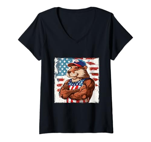 Damen Amerikanisches Biber-Maskottchen USA-Flagge T-Shirt mit V-Ausschnitt Damen Amerikanisches Biber-Maskottchen USA-Flagge T-Shirt mit V-Ausschnitt von True American Mood USA Inc