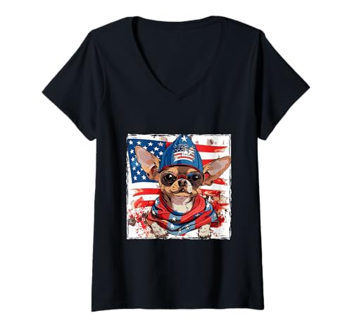 Damen Amerikanisches Chihuahua-Hundemaskottchen, USA-Flagge T-Shirt mit V-Ausschnitt Damen Amerikanisches Chihuahua-Hundemaskottchen, USA-Flagge T-Shirt mit V-Ausschnitt von True American Mood USA Inc