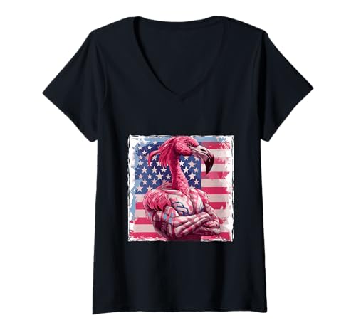 Damen Lustiges amerikanisches Flamingo-Maskottchen, USA- T-Shirt mit V-Ausschnitt Damen Lustiges amerikanisches Flamingo-Maskottchen, USA- T-Shirt mit V-Ausschnitt von True American Mood USA Inc