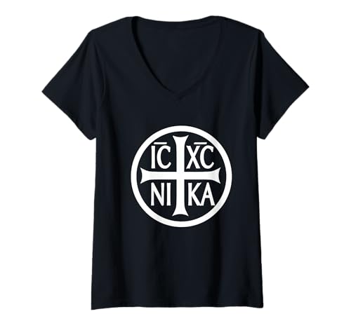 Damen Jesus Christus Conqueror IC XC NIKA T-Shirt mit V-Ausschnitt von True Believing Christian Tees