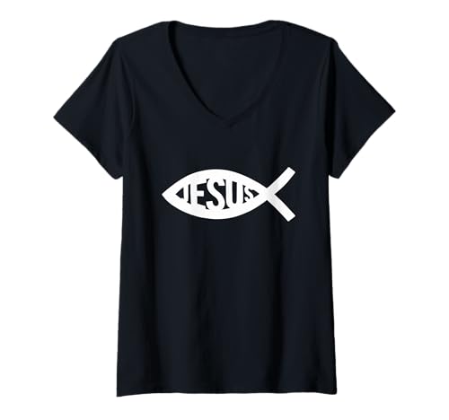Damen Jesus Fisch T-Shirt mit V-Ausschnitt Damen Jesus Fisch T-Shirt mit V-Ausschnitt von True Believing Christian Tees