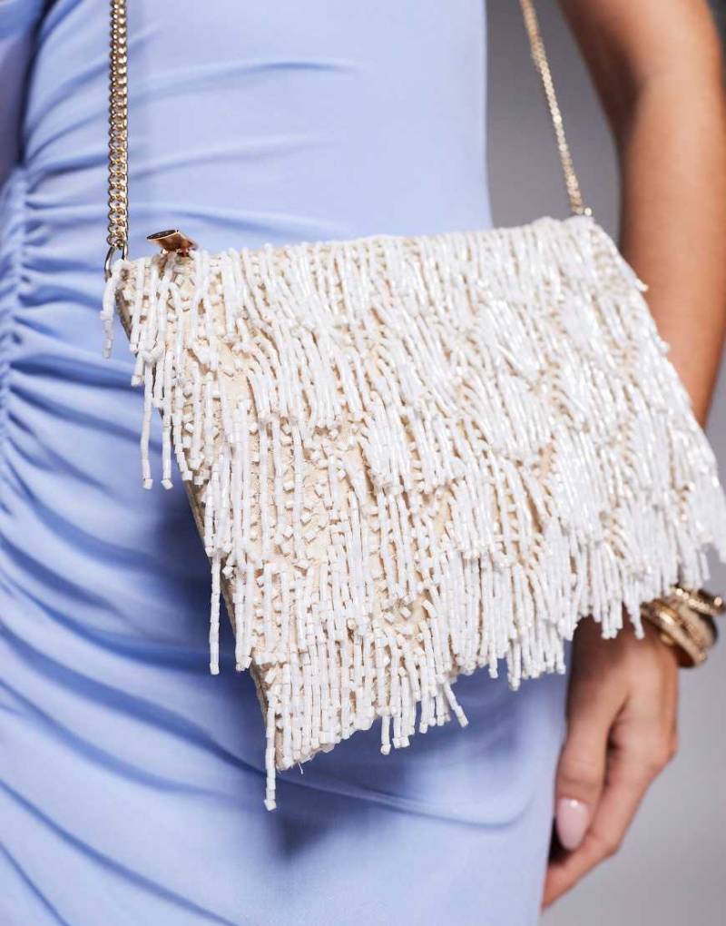 True Decadence - Clutch in Champagner mit Paillettenfransen und Kettenriemen-Neutral von True Decadence