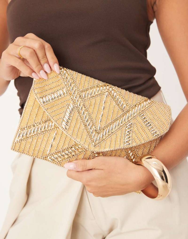 True Decadence - Goldfarbene Clutch mit Perlenverzierung und Umhängeriemen von True Decadence