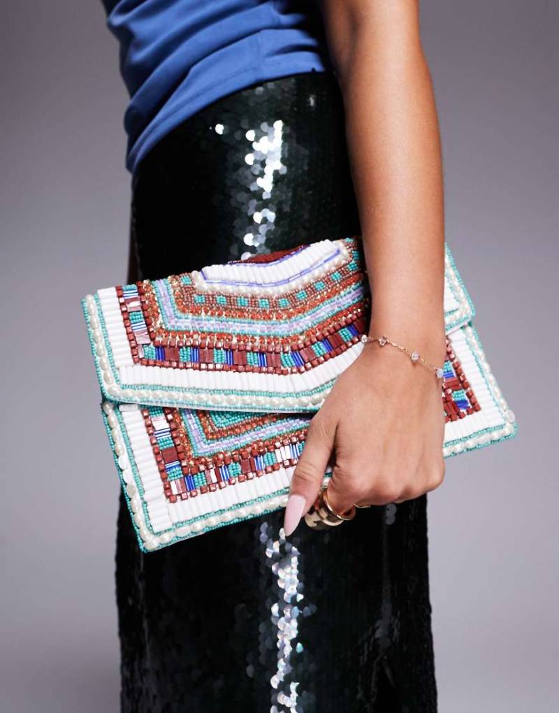 True Decadence - Mehrfarbige Clutch in Gold mit geometrischem Perlenbesatz-Bunt von True Decadence