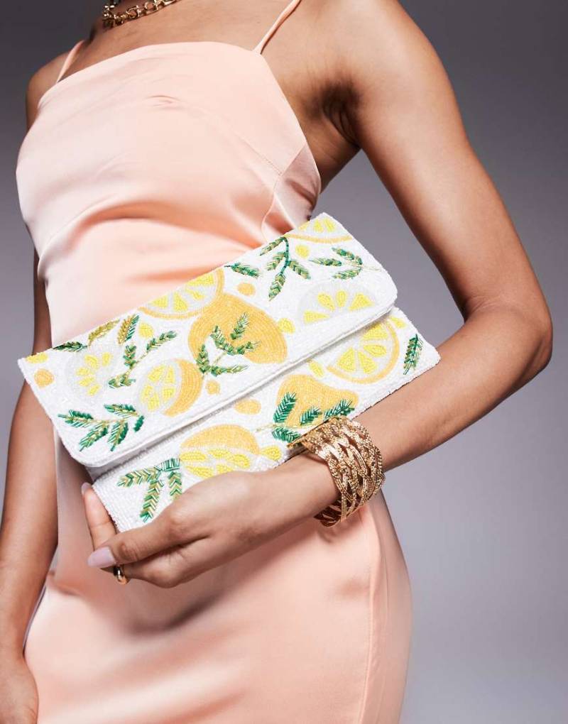 True Decadence - Perlen-Clutch in Weiß mit Zitronenmotiven in Gelb-Bunt von True Decadence