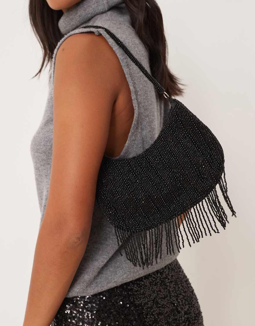 True Decadence - Umhängetasche in Schwarz und Silber mit verzierten Fransen von True Decadence