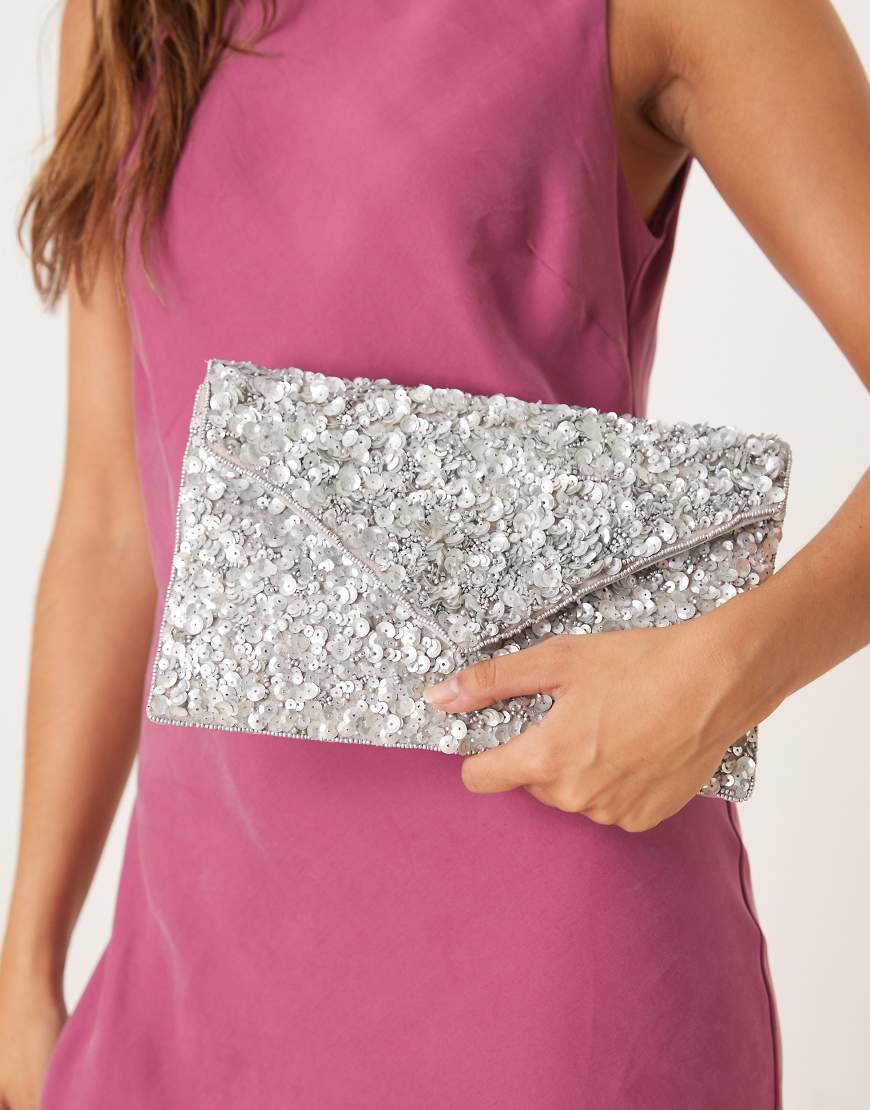 True Decadence - Umschlag-Clutch in Silber mit All-over-Paillettenbesatz von True Decadence