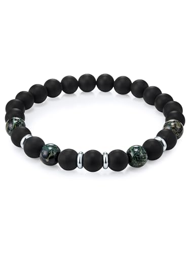 True Rebels Herren-Armband Achat schwarz mit Beads Birdstone grün flexibel verstellbar - Energie-Armband für Männer mit Perlen Edelsteine von True Rebels