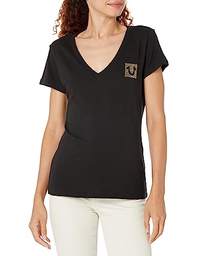 True Religion Damen Crystal Box HS Logo V-Ausschnitt T-Shirt, Schwarz (Jet Black), Klein von True Religion