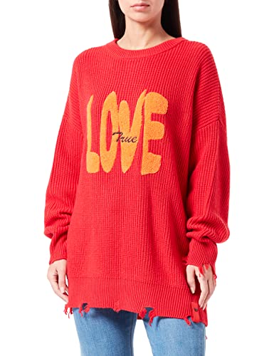 True Religion Damen Destroyed Oversized Love Pullover, RED, Standard,Rot,XS von True Religion