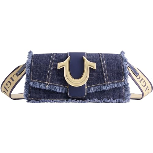 True Religion Damen Geldbörse Fransen Denim Mini Flap Crossbody Handtasche mit Hufeisen Logo Umhängetasche von True Religion