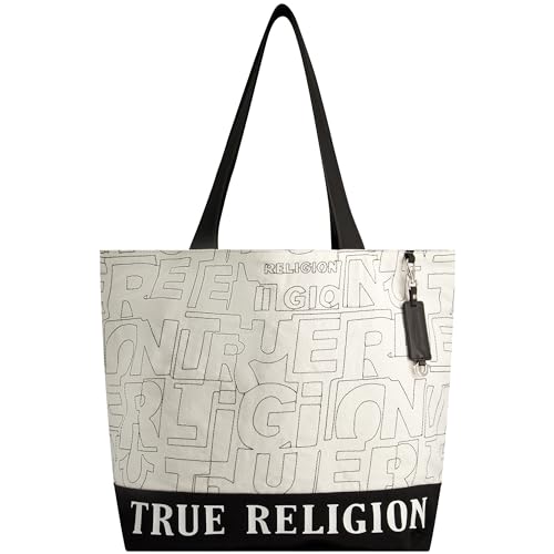 True Religion Women's Large Tote Bag, Stitched Logo Canvas Travel Carryall Shoulder Handbag, Black von True Religion