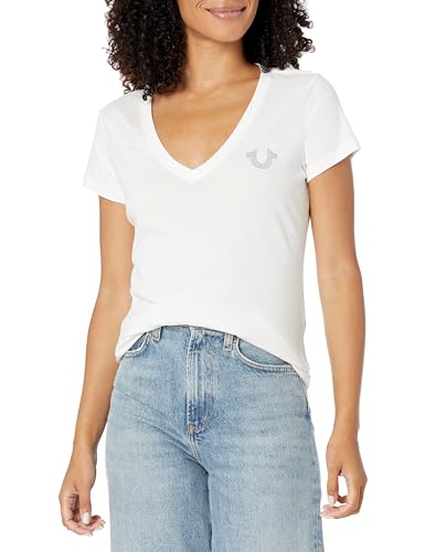 True Religion Damen Nieten, True Rlgn Logo und V-Ausschnitt T-Shirt, Optisches Weiß, Mittel von True Religion