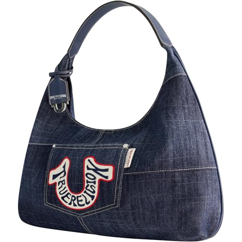 True Religion Damen Retro, Oversized Horseshoe Logo Shoulder Purse with Patchwork Style Hobo Bag, Dunkles Denim von True Religion