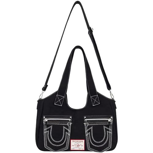 True Religion Damen Satchel Bag Crossbody Geldbörse Handtasche mit Hufeisen Logo Stitching Ranzen, Schwarz von True Religion
