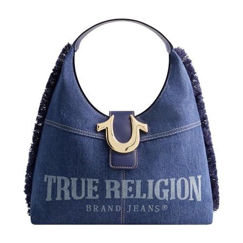 True Religion Damen Women's Shoulder Bag Purse, Frayed Denim Medium Hobo Handbag with Horseshoe Logo Umhängetasche von True Religion