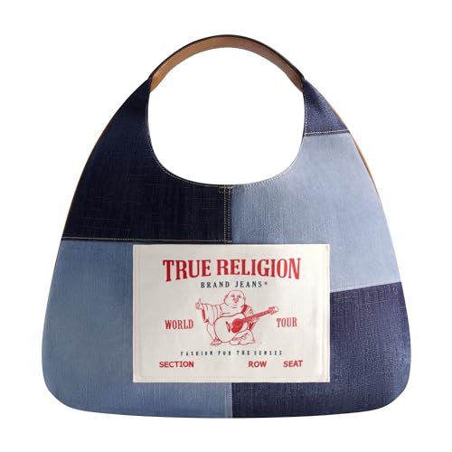 True Religion Damen Women's Shoulder Bag Purse, Patchwork Large Hobo Handbag with Buddha Logo Umhängetasche, Denim von True Religion