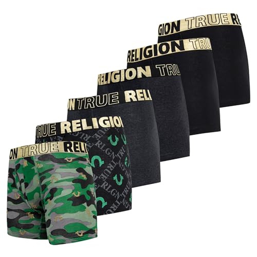 True Religion Herren Boxershorts - Trunks Unterw sche f r Herren Pack, 6er Pack, Schwarz/Gold, X-Large von True Religion