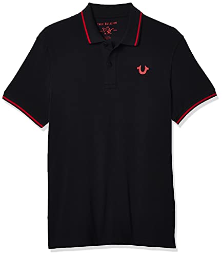 True Religion Herren Crafted with Pride Polo Poloshirt, Schwarz mit roter Paspelierung, Groß von True Religion