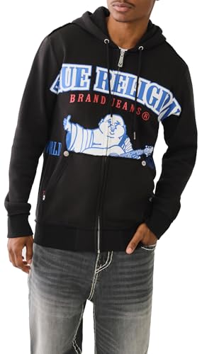 True Religion Herren Raw Exaggerated Zip Icon Hoodie Sweatshirt, Schwarz (Jet Black), Large von True Religion