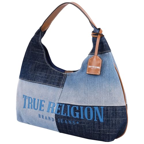 True Religion Hobo Bag, Patchwork Denim Schultertasche, übergroßes Logo mit Magnetverschluss, silberfarbene Hardware, Jeansblau von True Religion
