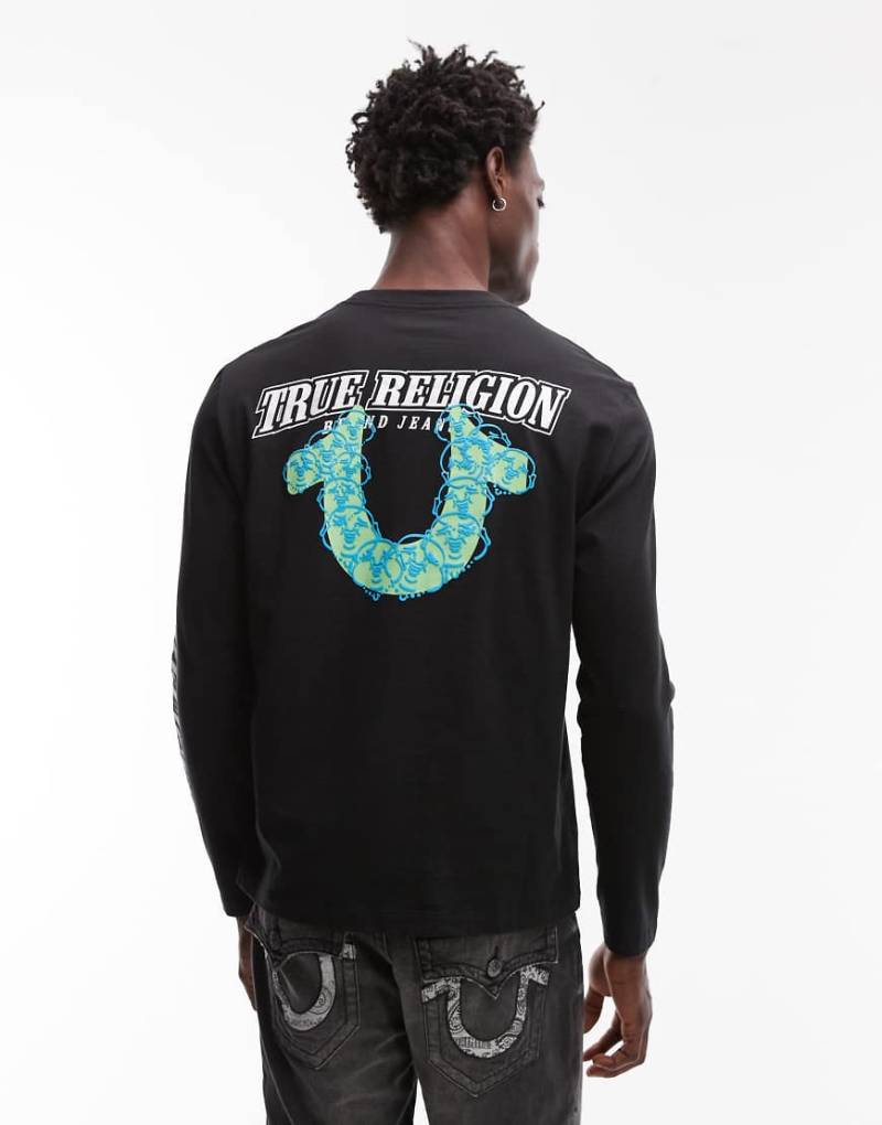 True Religion - Langärmliges T-Shirt in Schwarz mit Logo-Schaumdruck am Rücken von True Religion