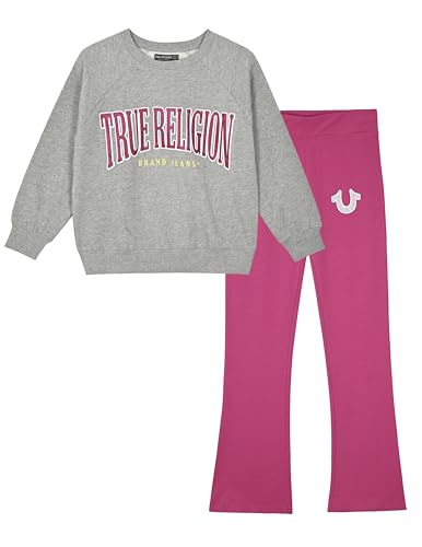 True Religion Mädchen 2-teilige Legging-Sets - Fleece-Sweatshirt & Bootcut-Leggings Outfit, Glitzer-Druck-Design (Größen 32-42), Grau meliert, 10-12 von True Religion