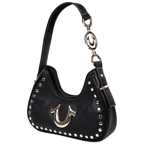 True Religion Unisex, Studded Pebble Shoulder Purse with Horseshoe Logo and Chain Hardware Hobo Bag, Schwarz von True Religion