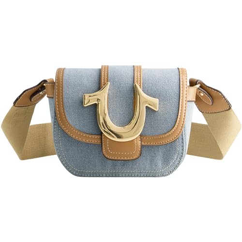 True Religion Women's Crossbody Bag, Denim Mini Flap Adjustable Shoulder Handbag with Horseshoe Logo, Light Blue von True Religion