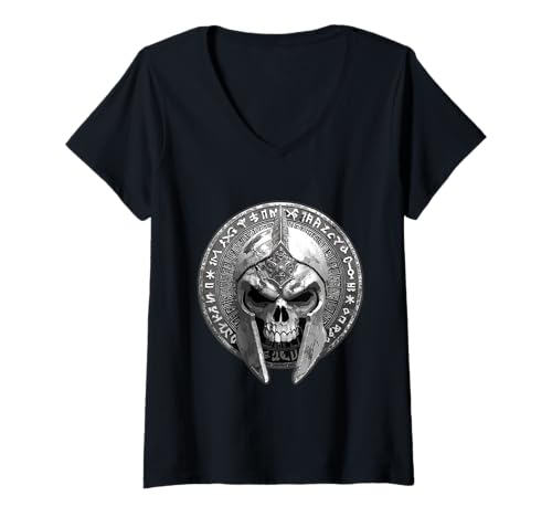 Damen Spartanischer Totenkopf-Helm | Krieger Gladiator Stoisches Symbol T-Shirt mit V-Ausschnitt Damen Spartanischer Totenkopf-Helm | Krieger Gladiator Stoisches Symbol T-Shirt mit V-Ausschnitt von True Spartan Fighters Inc
