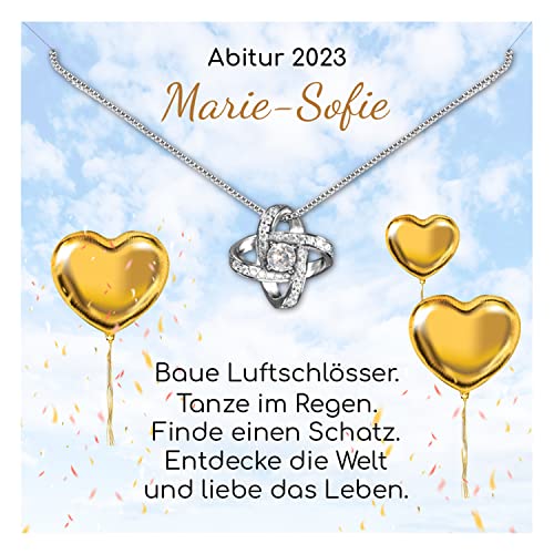 Abschluss Geschenk Abitur, Bachelor, Master mit Jahr und Namen: Halskette „Baue Luftschlösser“ – 14 Karat Weißgold – inkl. Anhänger, Geschenk-Box und Wunschtext – personalisiertes Geschenk (Knoten) von True Statements