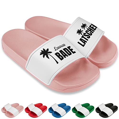 Badelatschen für Damen & Herren personalisiert „LATSCHEN“ – Schlappen personalisiert mit Namen Badeschlappen Hausschuhe Strand Sauna Urlaub Slipper - Geschenk-Idee Geburtstag Mann (Rosa, Gr. 44) von True Statements