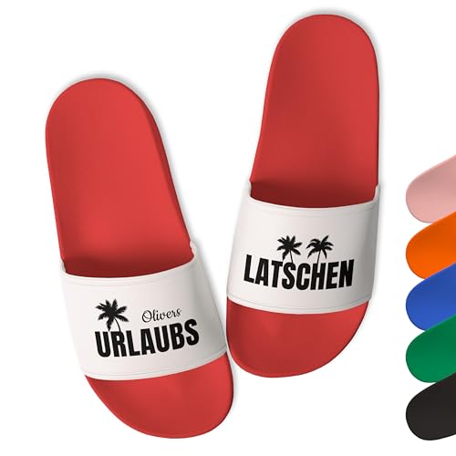 Badelatschen für Damen & Herren personalisiert „LATSCHEN“ – Schlappen personalisiert mit Namen Badeschlappen Hausschuhe Strand Sauna Urlaub Slipper - Geschenk-Idee Geburtstag Mann (Rot, Gr. 44) von True Statements