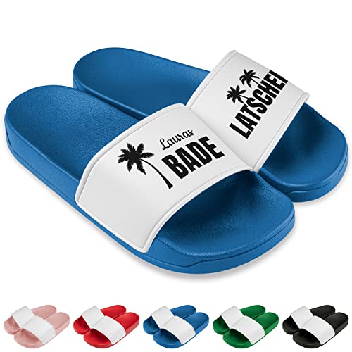 Badelatschen für Damen & Herren personalisiert „LATSCHEN“ – Schlappen personalisiert mit Namen Badeschlappen Hausschuhe Strand Sauna Urlaub Slipper - Geschenk-Idee Geburtstag Mann (Royalblau, Gr. 39) von True Statements